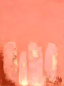 Abstract schilderij, snelle streken laag in beeld in koraal en poeder
