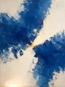 Abstract schilderij, snelle streken op de diagonaal in delftsblauw en goud