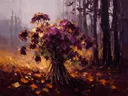 Schilderij van snijbloem aan de bosrand in violet, in vlakke kleurvlakken