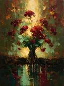 Schilderij van snijbloem aan de oever in wijnmint, in vlakke kleurvlakken
