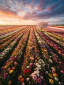 Landschapsfoto van snijbloem bij het gouden uur, met een bloesemboom