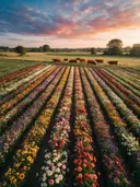 Landschapsfoto van snijbloem bij het gouden uur, met een kudde Schotse Hooglanders