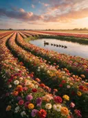 Landschapsfoto van snijbloem bij het gouden uur, met een eend met haar kuikens
