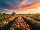 Landschapsfoto van snijbloem bij het gouden uur, met een rieten boerderijwoning tussen de rijen