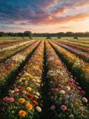 Landschapsfoto van snijbloem bij het gouden uur, met een paar koeien