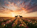 Landschapsfoto van snijbloem bij het gouden uur, met twee paarden die elkaar aankijken