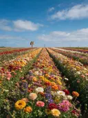 Landschapsfoto van snijbloem bij volle zon, met twee uilen op een paal
