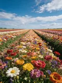 Landschapsfoto van snijbloem bij volle zon, met een vlinder op de bloemen