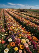 Landschapsfoto van snijbloem bij volle zon, met een houten kar