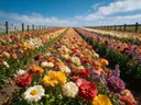 Landschapsfoto van snijbloem bij volle zon, met een houten hek