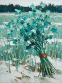 Schilderij van snijbloem in de weide in turkoois, in vlakke kleurvlakken