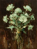 Schilderij van snijbloem in groepjes in mint, in vlakke kleurvlakken