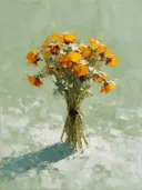 Schilderij van snijbloem in saffraan, in vlakke kleurvlakken