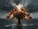 Schilderij van snijbloem onder een storm in terracotta, in vlakke kleurvlakken