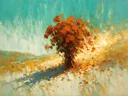 Schilderij van snijbloem in het landschap in roestturkoois, in vlakke kleurvlakken