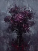 Schilderij van snijbloem tegen de lucht in aubergine, in vlakke kleurvlakken