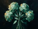 Schilderij van snijbloem van dichtbij in zeegroen, in vlakke kleurvlakken