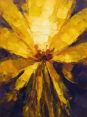 Schilderij van snijbloem van dichtbij in zwavelviolet, in vlakke kleurvlakken