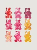 Aquarel illustratie van gekleurde gummyberen in een grid