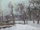Snow at Louveciennes van Camille Pissarro: landschap met sneeuw, winter, bomen en weg, in wit en grijsbruin
