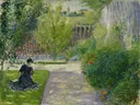 Sonniger Garten van August Macke: landschap met tuin, vrouw, pad en bloemen, in fris groen
