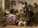 Soo voer gesongen, soo na gepepen van Jan Steen: figuren met muziek, familie, hond en kinderen, in warm bruin met roze