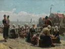Sorting the catch, Volendam van George Clausen: figuren met vissers, vis, strand en manden, in gedempt blauw en zand