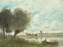 (Souvenir dault095204) van Jean-Baptiste-Camille Corot: landschap met wilgen, water, bootje en wolken, in zilvergrijs en groen