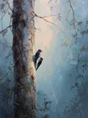 Specht op de berk, dieren schilderij