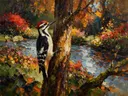 Specht op een stam, schilderij van specht op een stam, met het paletmes geschilderd