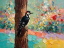 Specht op een stam voor turkoois, dieren schilderij