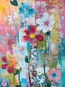 Bloemencollage met bloemen versierd met wiebelogen