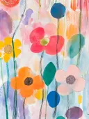 Grafische bloementuin met gele, oranje, roze en blauwe bloemen in vlakke kleuren