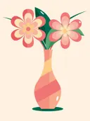 Vlakke illustratie van twee grote bloemen met blad in een gestreepte vaas.