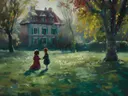 Schilderij van twee kinderen die spelen in de tuin van een landhuis in de herfst.