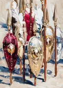 Stilleven met rode en gouden schilden en speren met veren