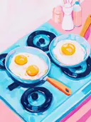 Schilderij van twee koekenpannen met spiegeleieren op een blauw fornuis.