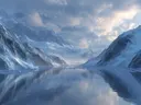 Schilderij van een spiegelende bergrivier omgeven door besneeuwde toppen