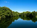 Een kalm meer met bomen langs de oever die weerspiegelen in het water onder een blauwe lucht.