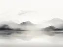 Inktschilderij van bergen die spiegelen in een stil meer.