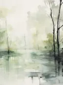 Mistig groen meer met kale bomen en hun spiegelbeeld in het water