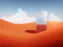 Surreal beeld van een spiegelportaal in een rood grasveld met wolkenlucht.