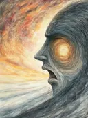 Surrealistisch schilderij van een gezicht in profiel met een spiraalvormig oog en zonsondergangkleuren