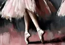 Schilderij van balletvoeten op spitzen met roze tutu tegen donkere achtergrond