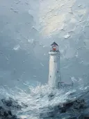 Schilderij van vuurtoren in grijsblauwe mist en golven
