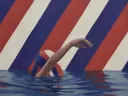 Schilderij van sportstilleven in vermiljoen en indigo