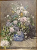 Spring Bouquet van Pierre-Auguste Renoir: bloemen met boeket, vaas, lentebloemen en tafel, in wit en roze op donker