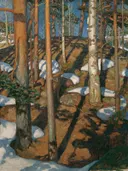 Spring van Akseli Gallen-Kallela: landschap met bos, dennen, sneeuw en lente, in roodbruin en blauw