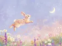 Schilderij van een springend konijn boven een bloemenveld met maan en sterren