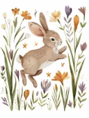 Springend konijn tussen crocussen en veldbloemen